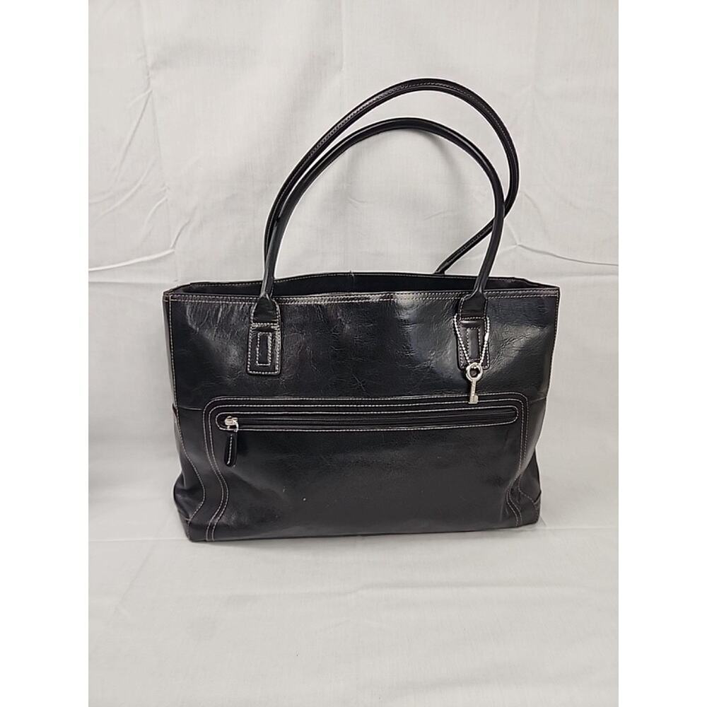 FOSSIL Black Cowhide Leather Tote Shoulder Handbag Carryall Purse Gorpcore